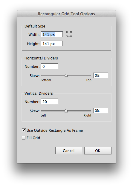 Rectangular grid options in Illustrator; 141 px was chosen to account for the diagonal of the enclosing rectangle.