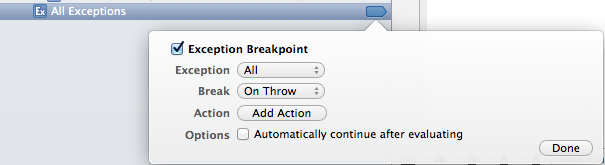 XCode 4 Exception Breakpoint — options