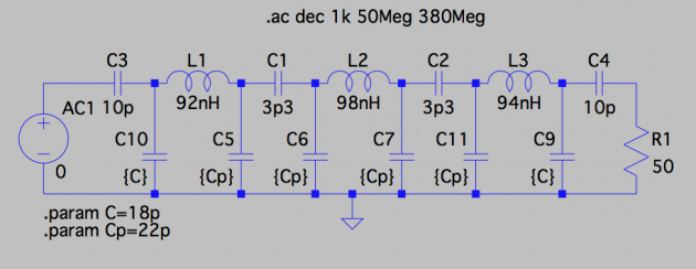 LTSPice IV 7-pole filter schematic. Standalone. Note the value and the label of the voltage source. Also note the way SPICE directives are added to the schematic. Each dot statement can be commented out using an asterisk.