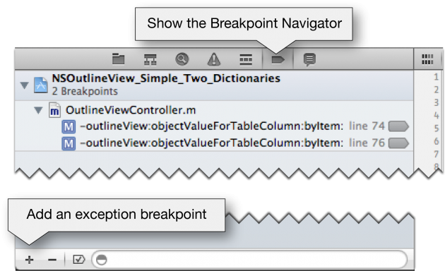 Add an exception breakpoint in XCode 4