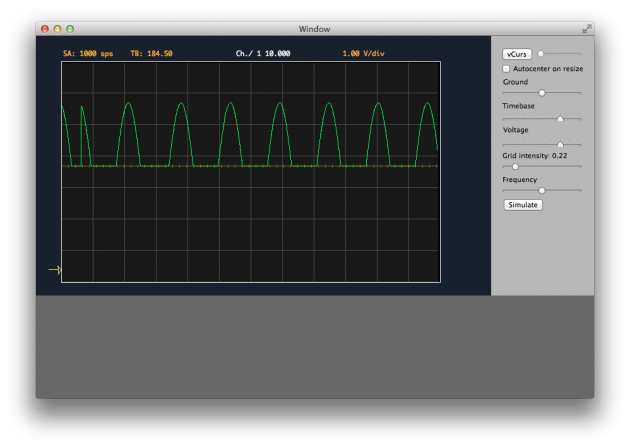MacScope project. Half sine wave s received from a simple DSP done on Arduino. The half–wave is a consequence of using unsigned variables.