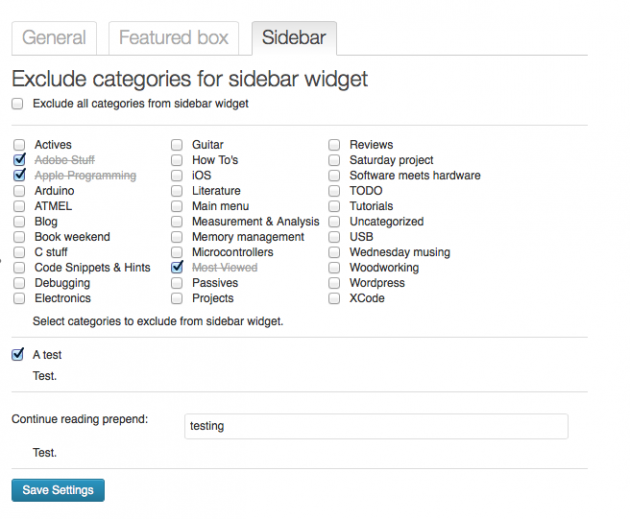 Sidebar category widget admin page