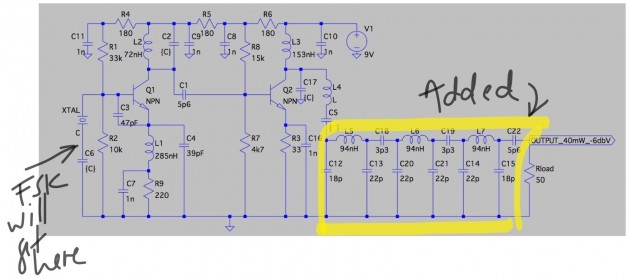 Modified schematic, indicating the AFSK insertion. The output filter (area highlighted in yellow) is completely new.